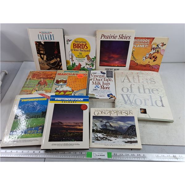 Assorted Books - Atlas of the World, Prairie Skies, Attracting Birds to Your Backyard