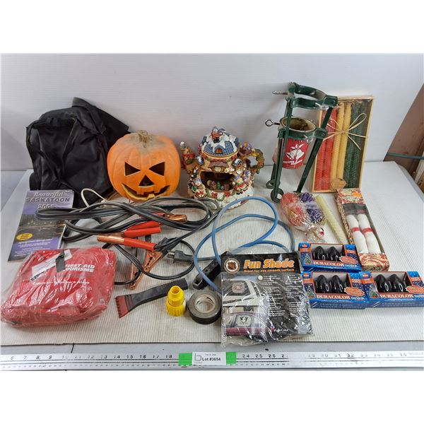 Booster Cables, Light Up Halloween Pumpkin, Candlesticks, Scraper, First Aid Kit, Misc