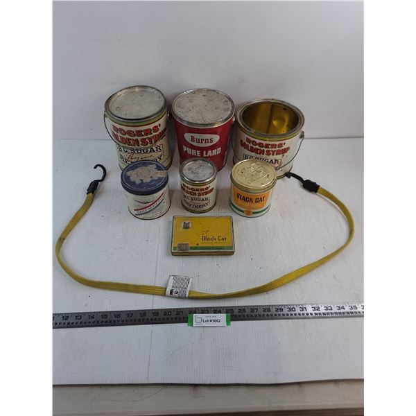 (7) Vintage Tins (Rogers, Black Cat, Burns), Bungee Cord