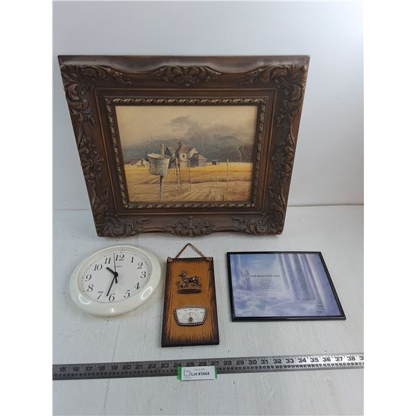 Vintage 21" x 19" "Stormy Sky" Picture, Wall Clock, "Riding Mountain NP" Thermometer, Faith Picture