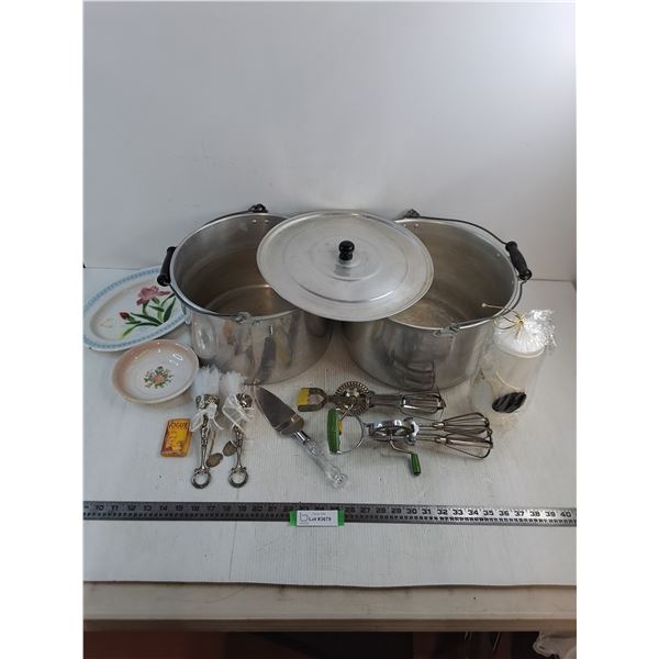 (2) Stock Pots, Egg Beaters, "Western" Candle, Cake Server, Platters - PICK UP