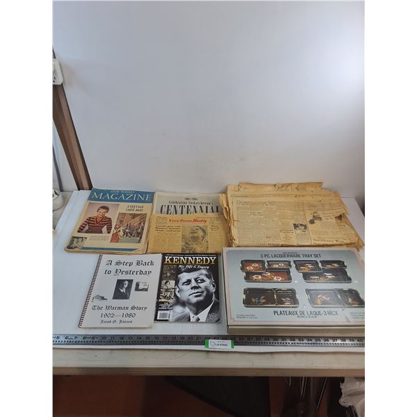 3-Piece Lacquerware Tray Set, Stack of Old Newspapers, Warman History Book, J.F.K. Biography