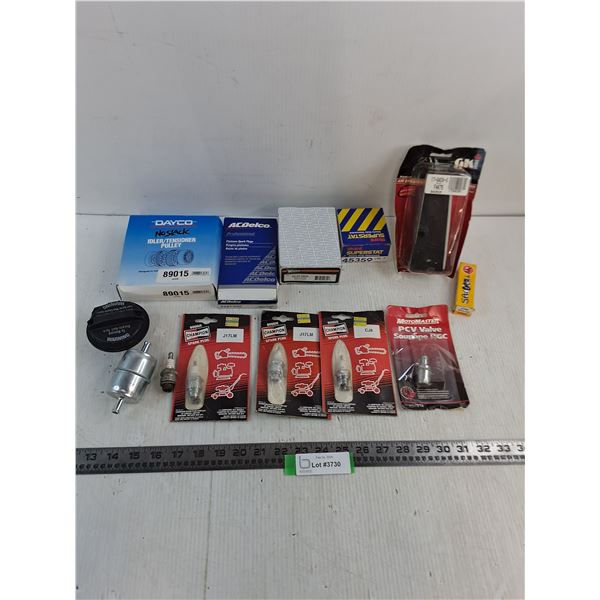 Assorted Auto Parts (Spark Plugs, Filters, Thermostat, Misc.)