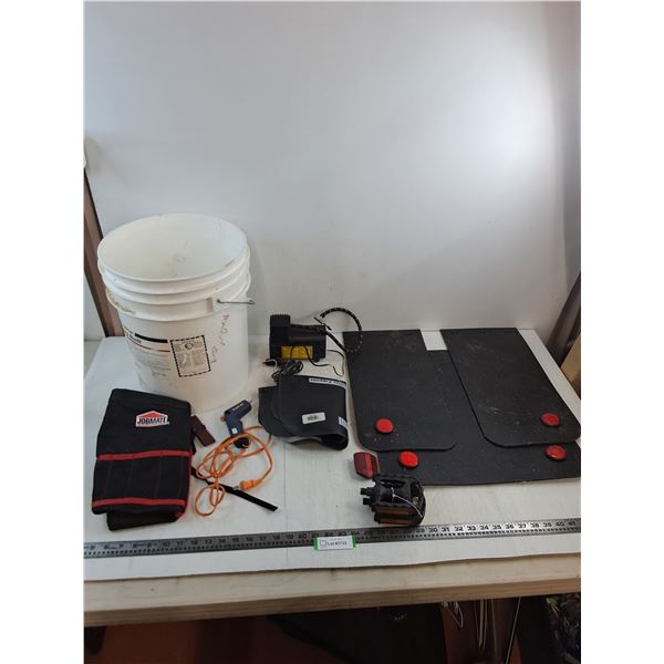 (3) Mudflaps, Tool Pouch, Bostik Glue Gun, 12v Air Pump, Bicycle Parts, Pail - PU