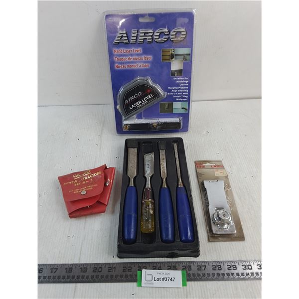 NIB Airco Hand Laser Level, Chisel Set, Sealed Cylinder Hasp Lock, Screw Extractors