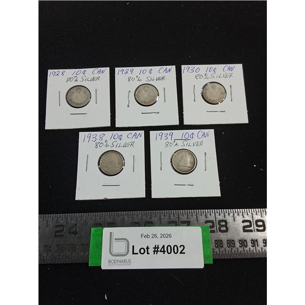 (5) Canadian Silver Dimes from 1928-1939