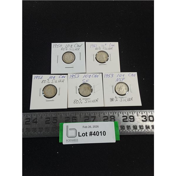 (5) Canadian Silver Dimes from 1950-1953