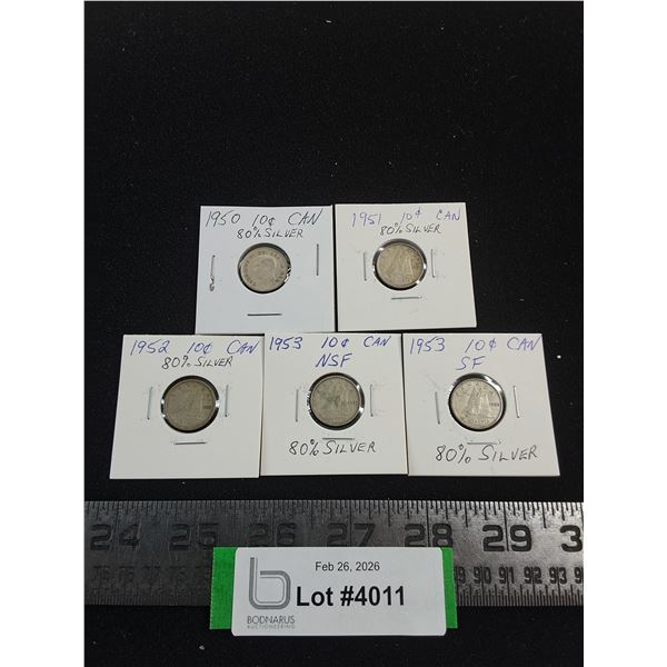(5) Canadian Silver Dimes from 1950-1953