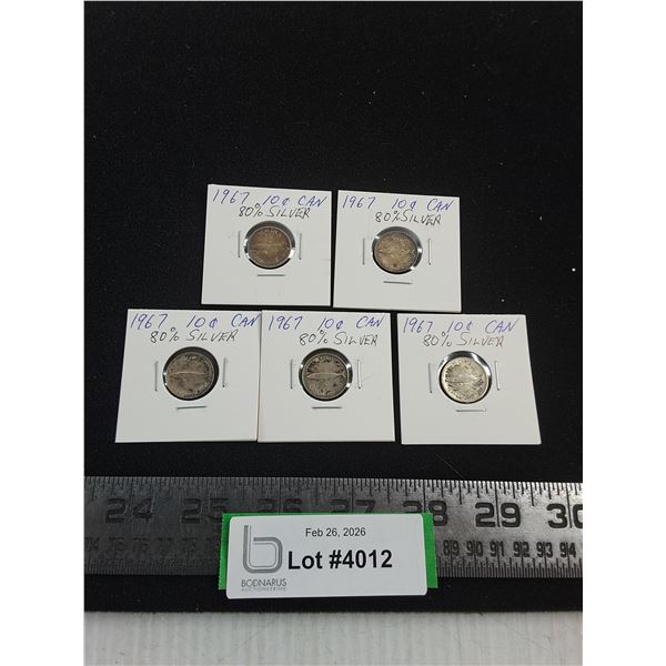 (5) Canadian 1967 Silver Dimes