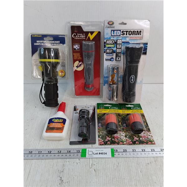 (4) Flashlights(NOS),(2) Quick Connectors,Bottle of White Glue