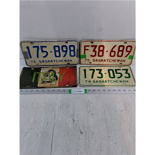 (2) Pairs Saskatchewan License Plates 1975-76,1974 and Italy Plate