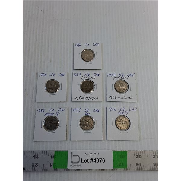 (7) Coins - Canadian Nickel- 1936-37-38-39-40-41