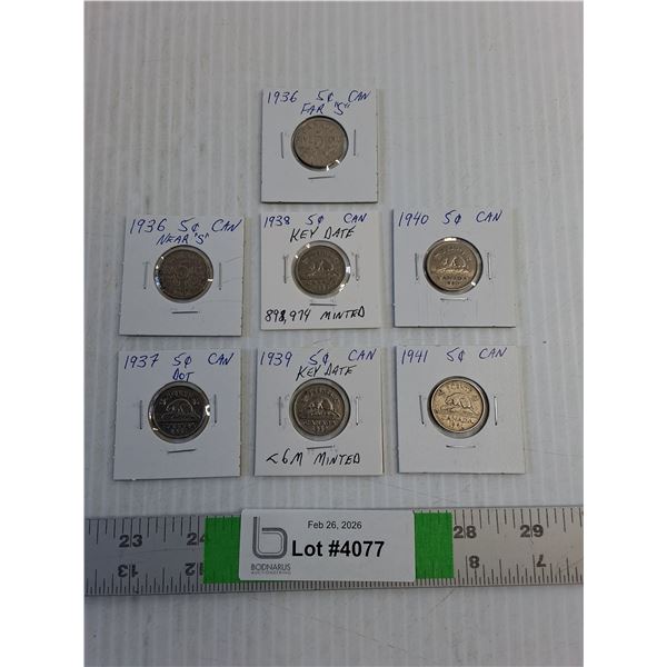 (7) Coins - Canadian Nickels- 1936-37-38-39-40-41
