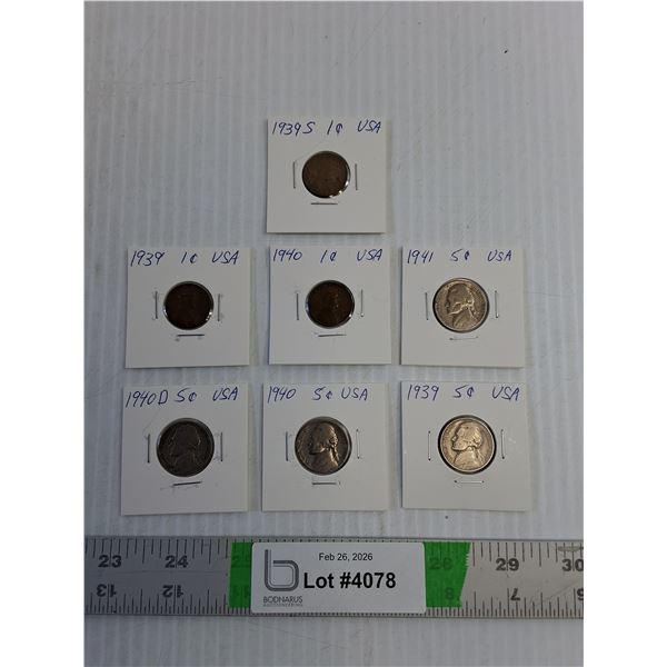 (7) USA Nickels/ Pennies- 1939-40-41