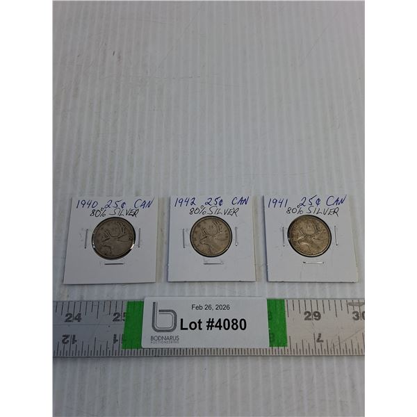 (3) Canadian Quarters- 80% Silver- 1940-41-42