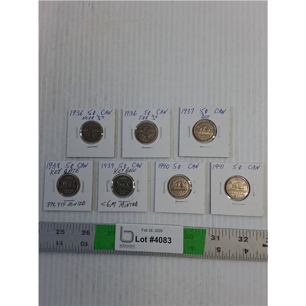 (7) Canadian Nickels-1936-37-38-39-40-41