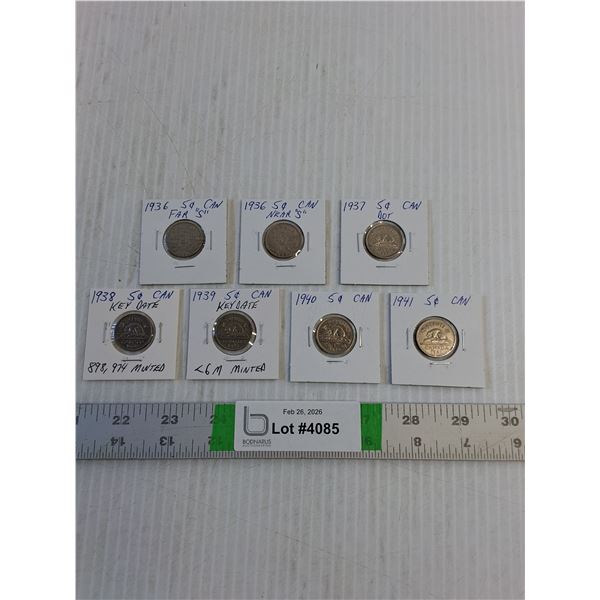 (7) Canadian Nickels- 1936-37-38-39-40-41