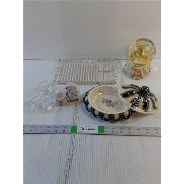 Assorted Glassware/Decor- Snow Globe, Salt/Pepper Shaker - PICK UP ONLY