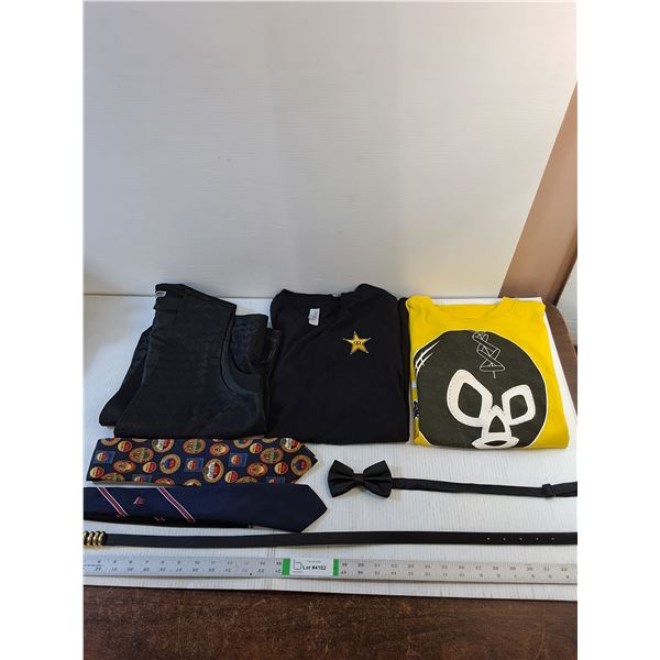 Assorted Clothing- Vest, Ties, Belt, T -Shirts