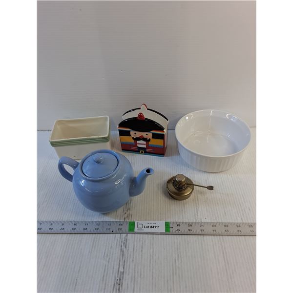 Assorted Glassware- Napkin Holder, Wick, Tea Pot, Stoneware
