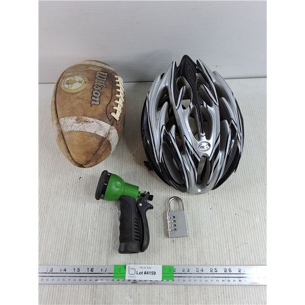 Wilson Football, Garden Hose Spray Gun, Master Lock, Louis Garneau Bicycle Helmet
