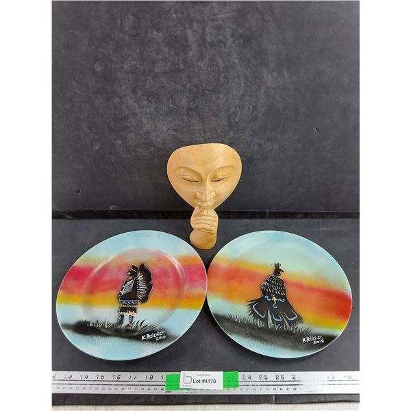 (2) Hand Painted Ceramic Plates by K. Pelletier & Carved Wood Wall Mask