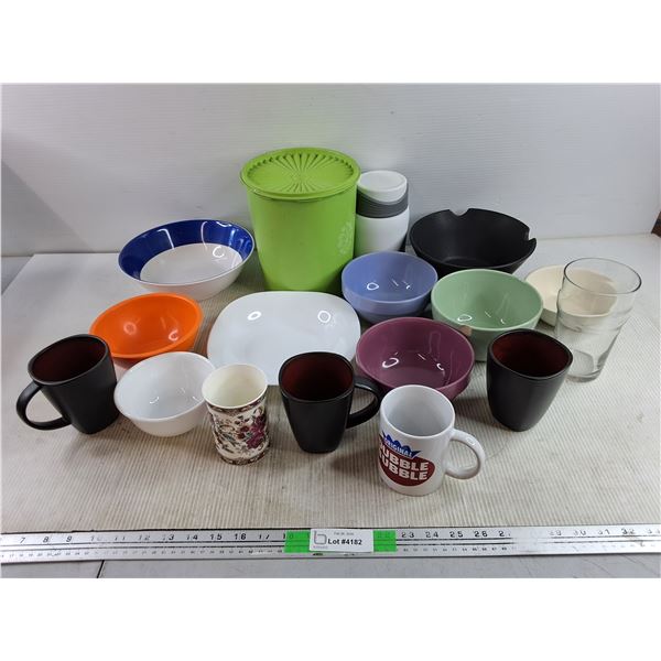 Assorted Ceramic Bowls, Tupperware Kitchen Storage Canister, Mugs - Chipped