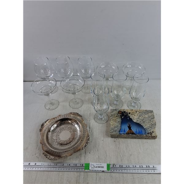 Glass Goblets, Silver Plate, Hand Painted Granite Piece - PICK UP