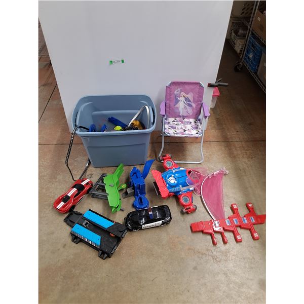 *Folding Kids Chair, Assorted Toys, Plastic Storage Tote 23" x 18" x 16"