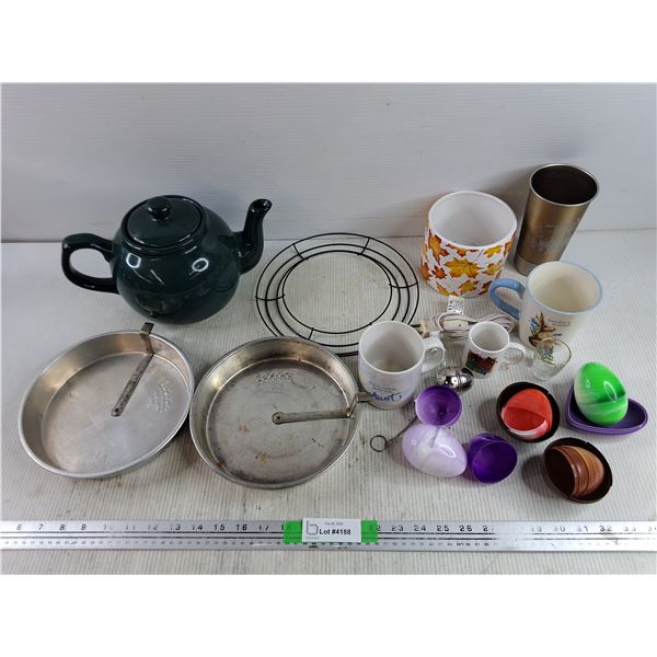 Ceramic Tea Pot, Bake King Pie Dishes, Mugs, Tea Ball, Misc