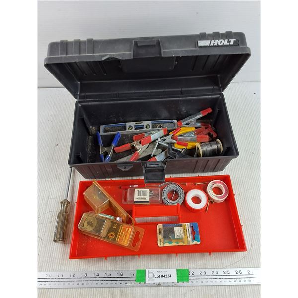 Holt Plastic Tool Box 6" x 15" x 7", Level, Screwdriver, Clamps & Misc