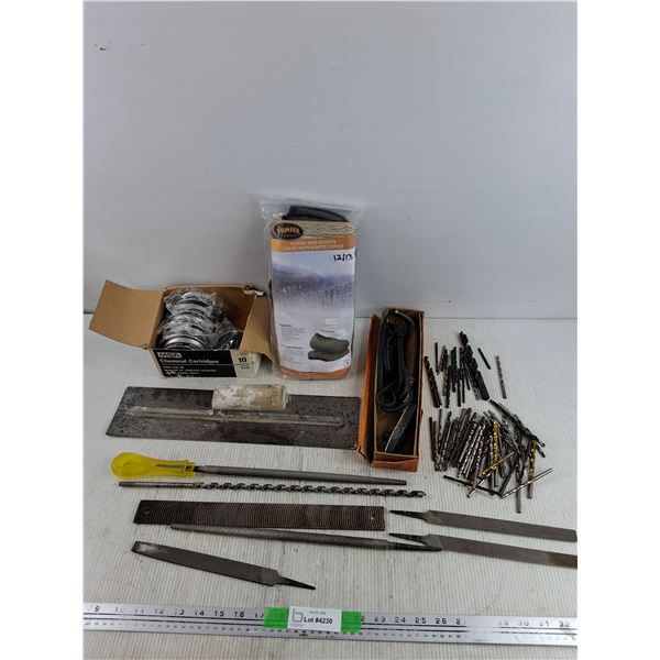 MSA Chemical Cartridges, Metal Files, Drill Bits, Pioneer Boot Sockette, Heat Sealing Iron, Misc