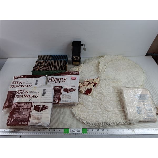 Vintage Universal Slide Trays w/Slides, 35mm Bulk Film Loader, Doilies, Vacuum Cleaner Canister Bag