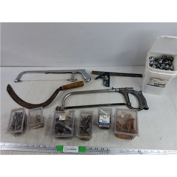 Sickle, Bolts & Nuts, 3/8" Connectors, Hacksaw, Square - PICK UP