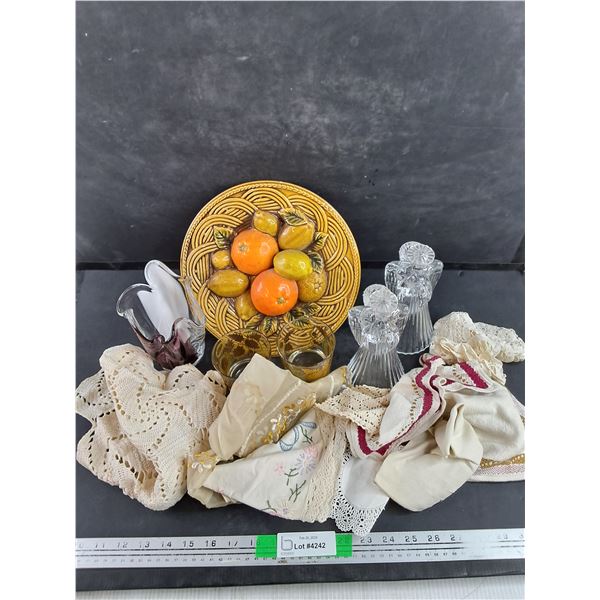 Ceramic Fruit Plate Wall Decor, Art Glass Vase, Glasses, Glass Candlestick Holders, Doiilies