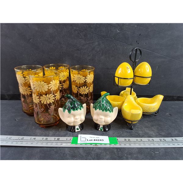 (4) Amber Glasses, Salt & Pepper Shakers, Ceramic Egg Cups