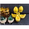 Image 4 : (4) Amber Glasses, Salt & Pepper Shakers, Ceramic Egg Cups