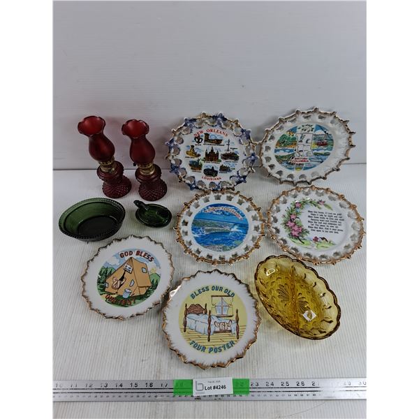 (2) Ruby Red Glass Kerosene Lamps 8", Ceramic Wall Decor, Amber Divided Dish, Misc