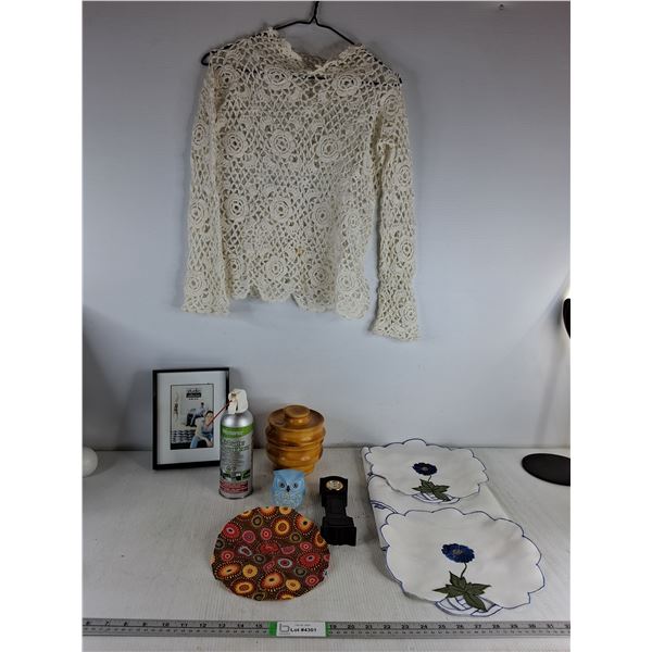 Blue Flower Table Runner, Black Picture Frame, White Knit Ladies Top