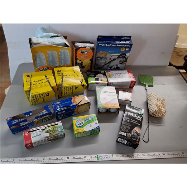 Various Cleaning Supplies- Swiffer Dusters, Dryer Lint Vac Attachment, Lightbulbs- As Is