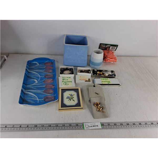 (2) Vases, Various Jewelry Pieces, Blue Flower Pictured Framed