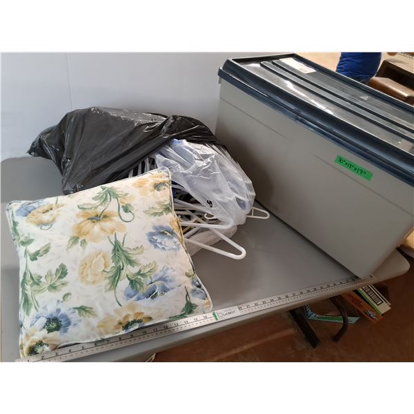 *Storage Bin, Bag of Plastic Coat Hangers, Decorative Floral Throw Pillow- 16" x 16"- Cannot Ship