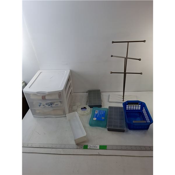 Plastic Storage Containers, Tea Towels & Jewelry Stand 18.75"- PICK UP