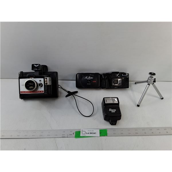 (3) Cameras- Polaroid, Fun Shooter & Okaido, Tripod & Flashmount