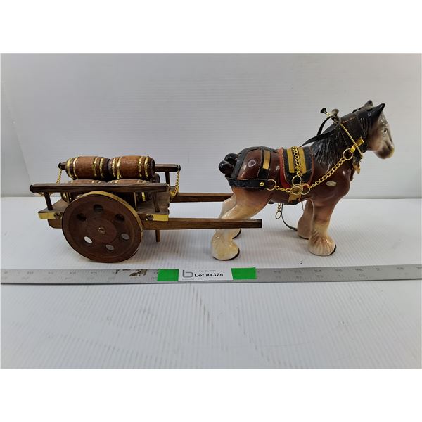 Ceramic Horse Figurine & Wooden Wagon 18"- As Is