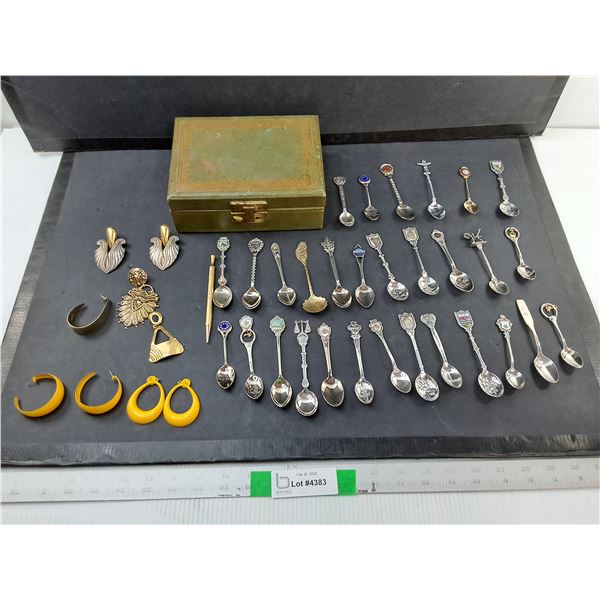 Earrings, Souvenir Spoons & Wooden Storage Box