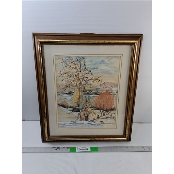 Framed Winter Scene Painting 19.75" x 17.25"