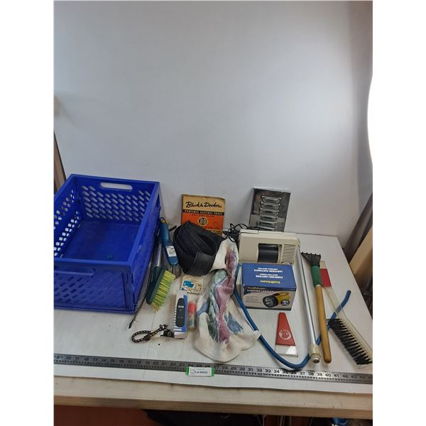 13x9x19" Bin, Wash Brushes, Ice Scrapers, 12V Air Compressor, Rubber Baseboard, Misc - PU