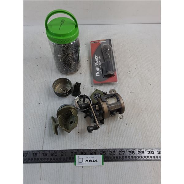 Disassembled Fishing Reel, Container of Assorted Screws, NIB Tekz Flashlight