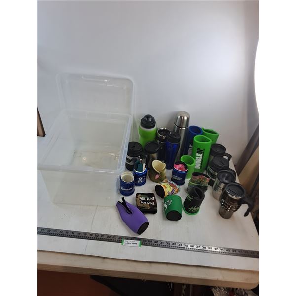 Large Quantity  of Travel Mugs and Drink Insulators, 12x15x11" Storage Tote